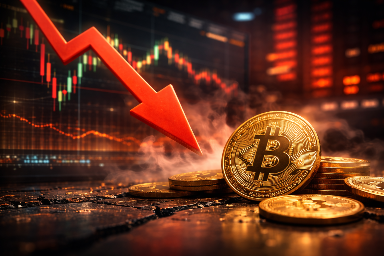 Bitcoin coins with a downward market trend visualised by a falling arrow and trading charts in the background.
